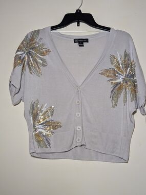 INC International Concepts Light Gray V-Neck Sweater with Embellishment
